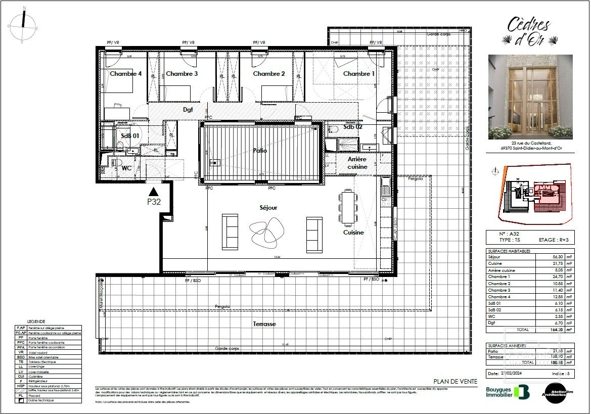 Saint Didier au Mont d’Or, Appartement en Attique de 164m²  avec vue au sud sur Lyon et Fourvière.